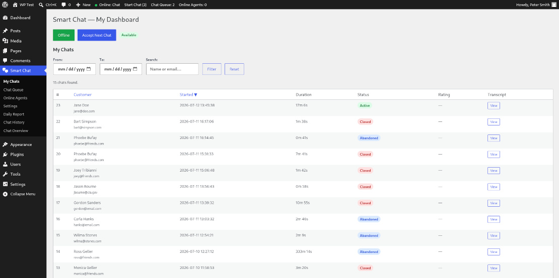 Agent dashboard — My Chats view with filters, sorting, and ratings