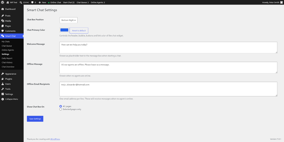 Settings — color picker, messages, position, and page targeting