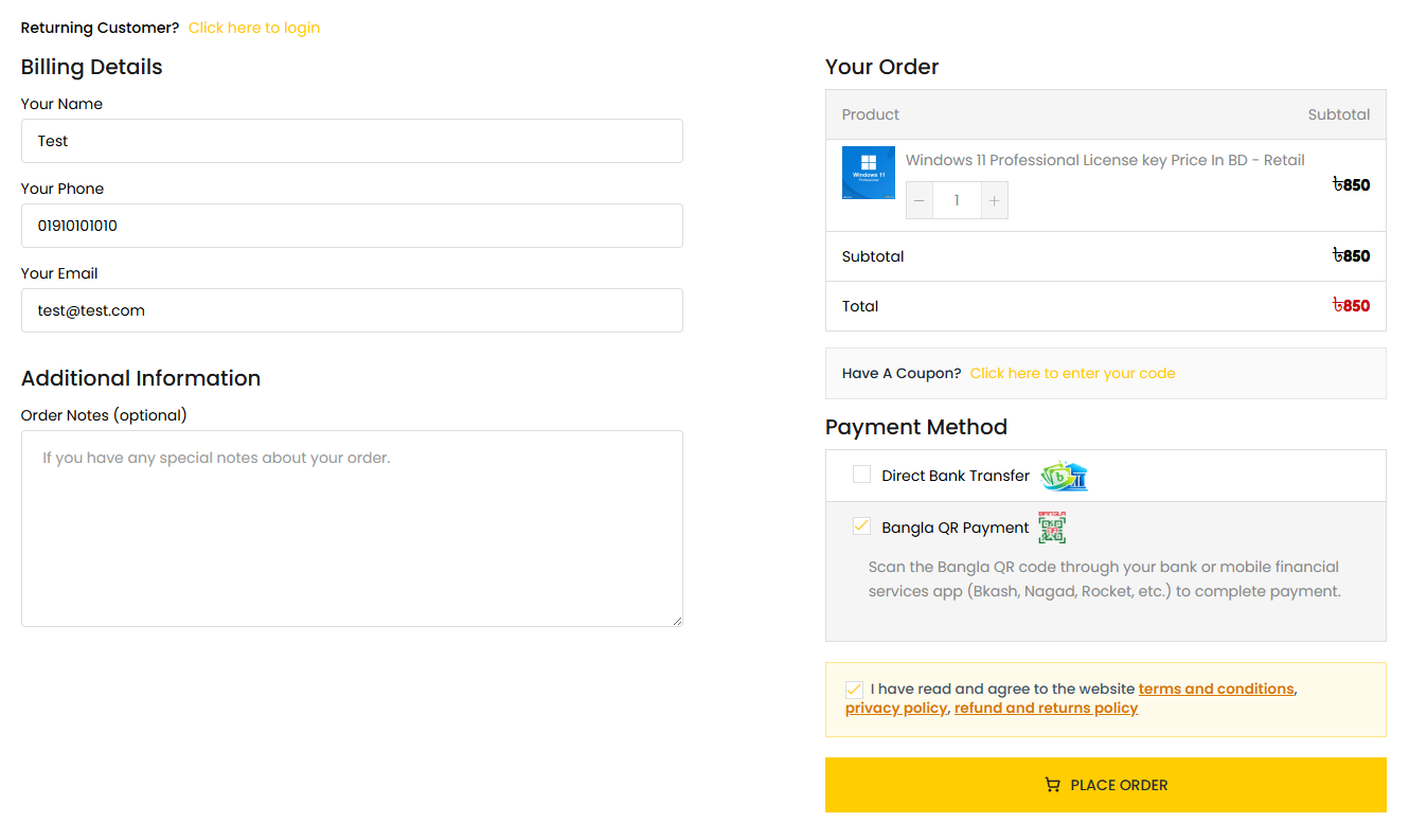 Checkout page payment method.