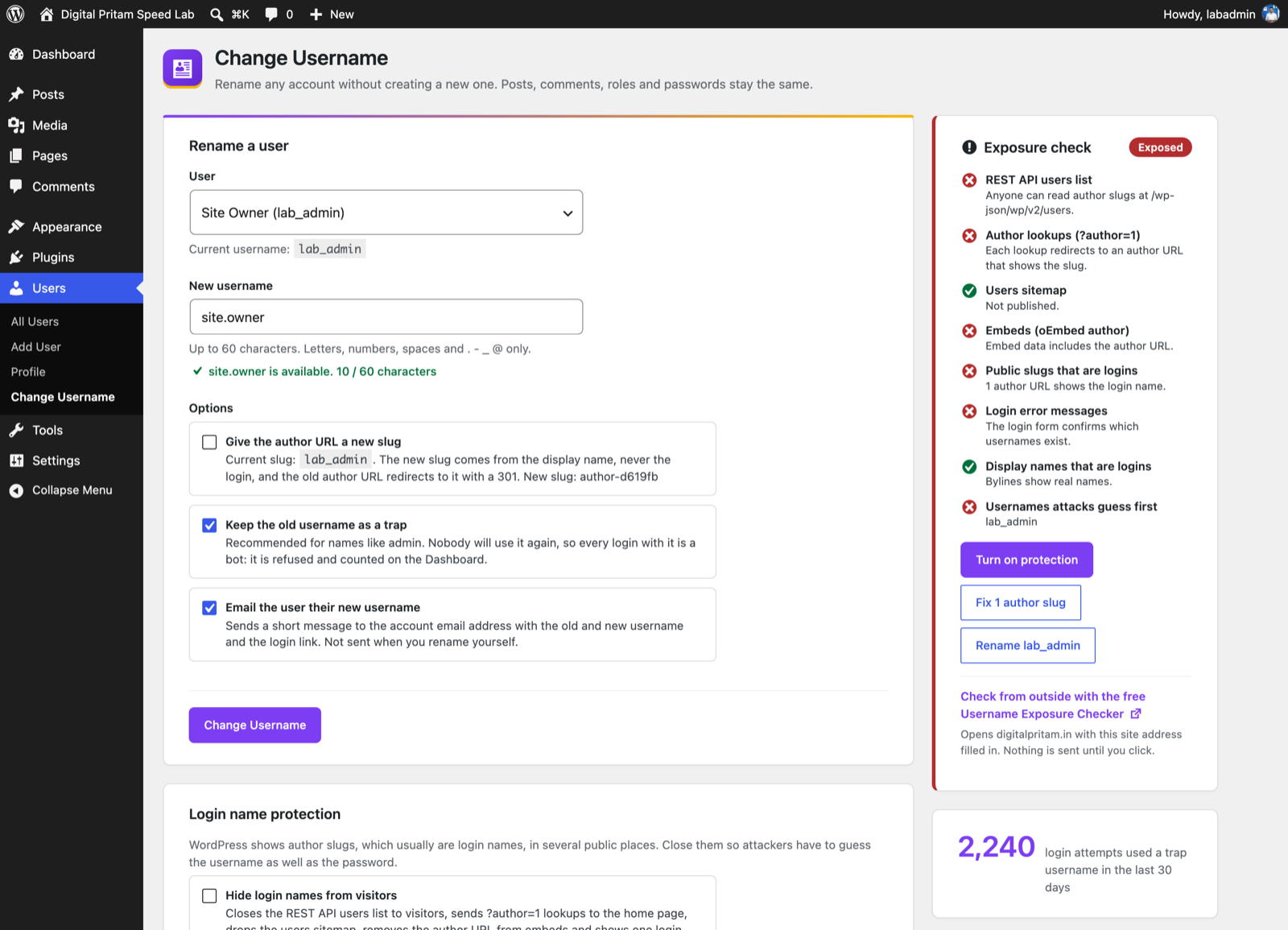Rename a user with the live check and keep the old name as a trap. The Exposure check shows where login names leak, with a fix for each.