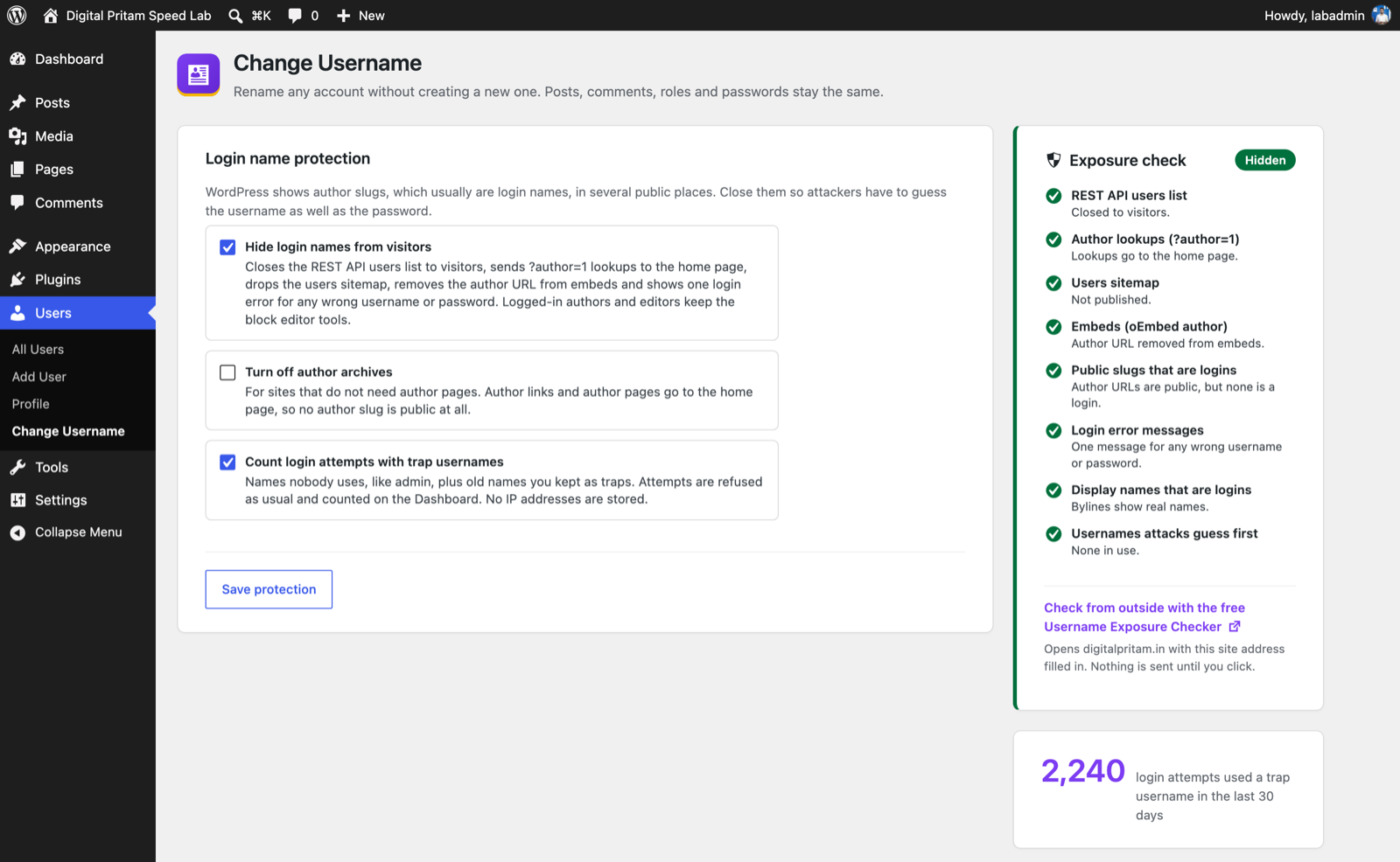 Login name protection switched on: every check is green and the verdict is Hidden.