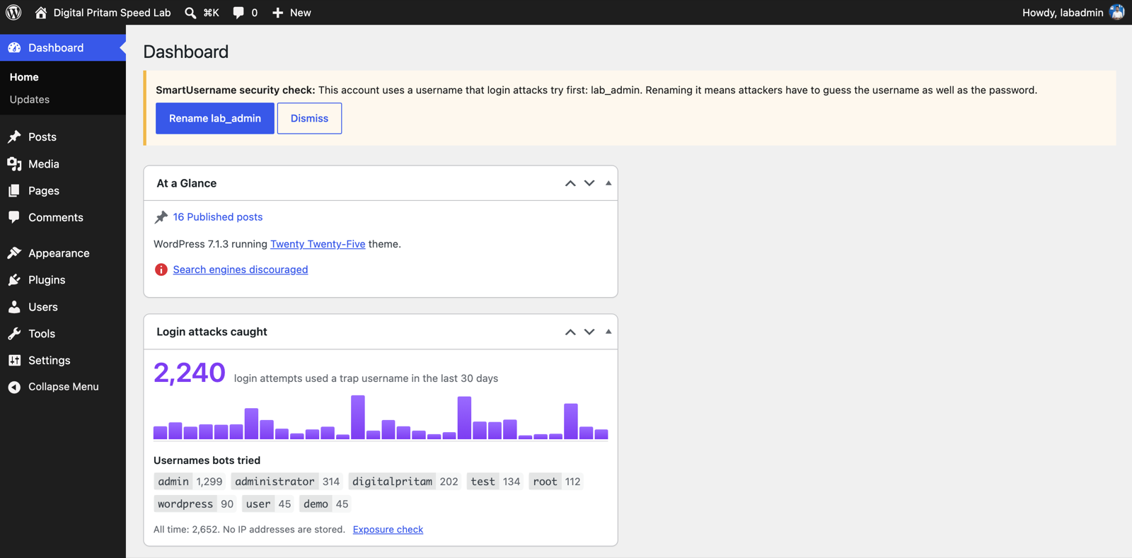 The "Login attacks caught" Dashboard widget and the security check notice.