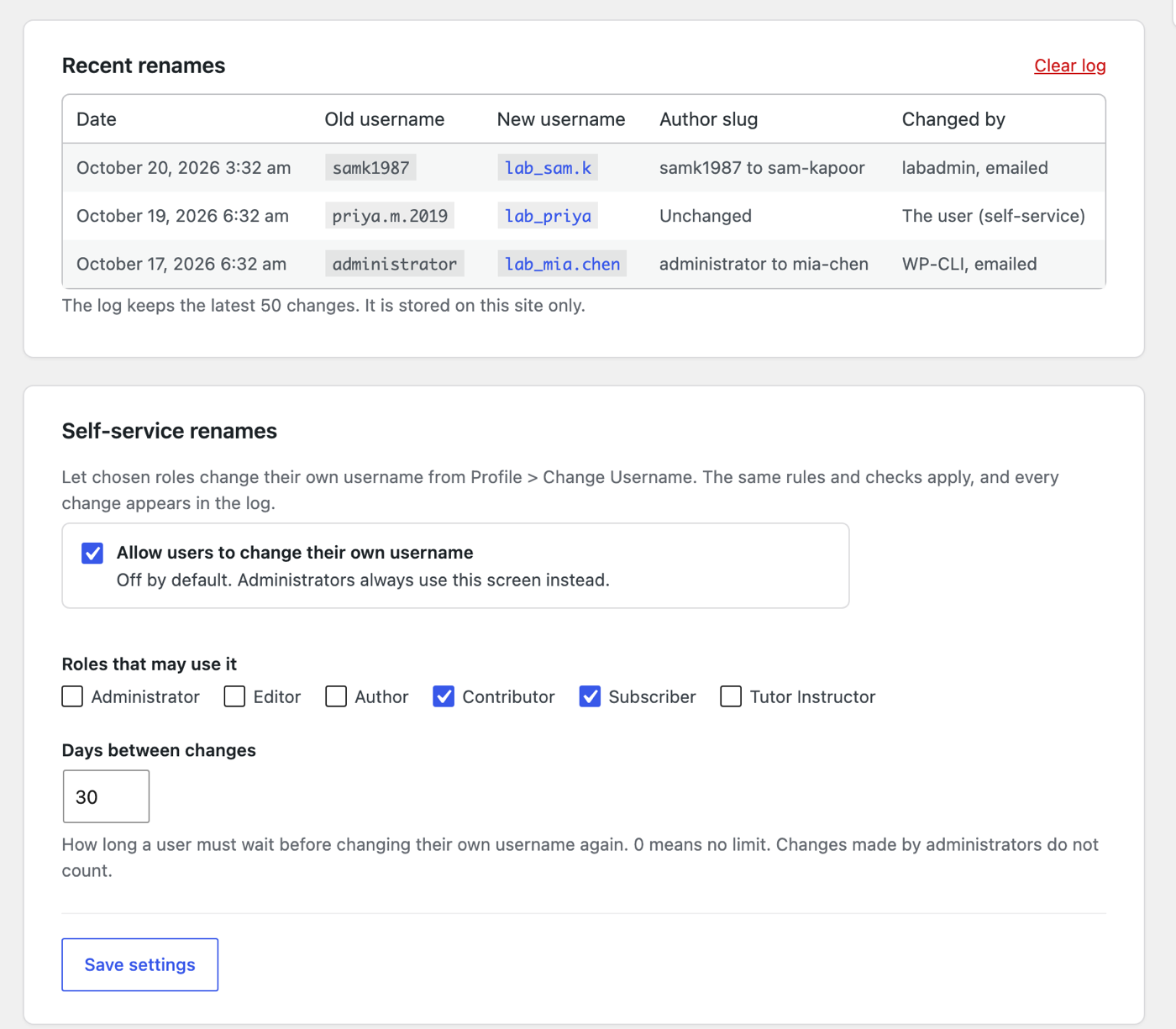 The rename log and self-service settings.