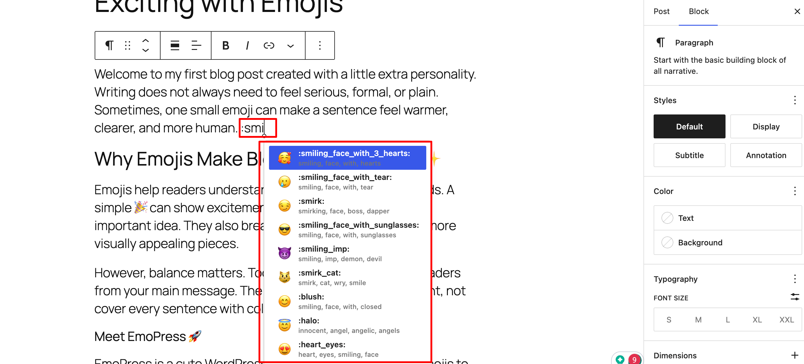 Colon-triggered emoji autocomplete in a text block.