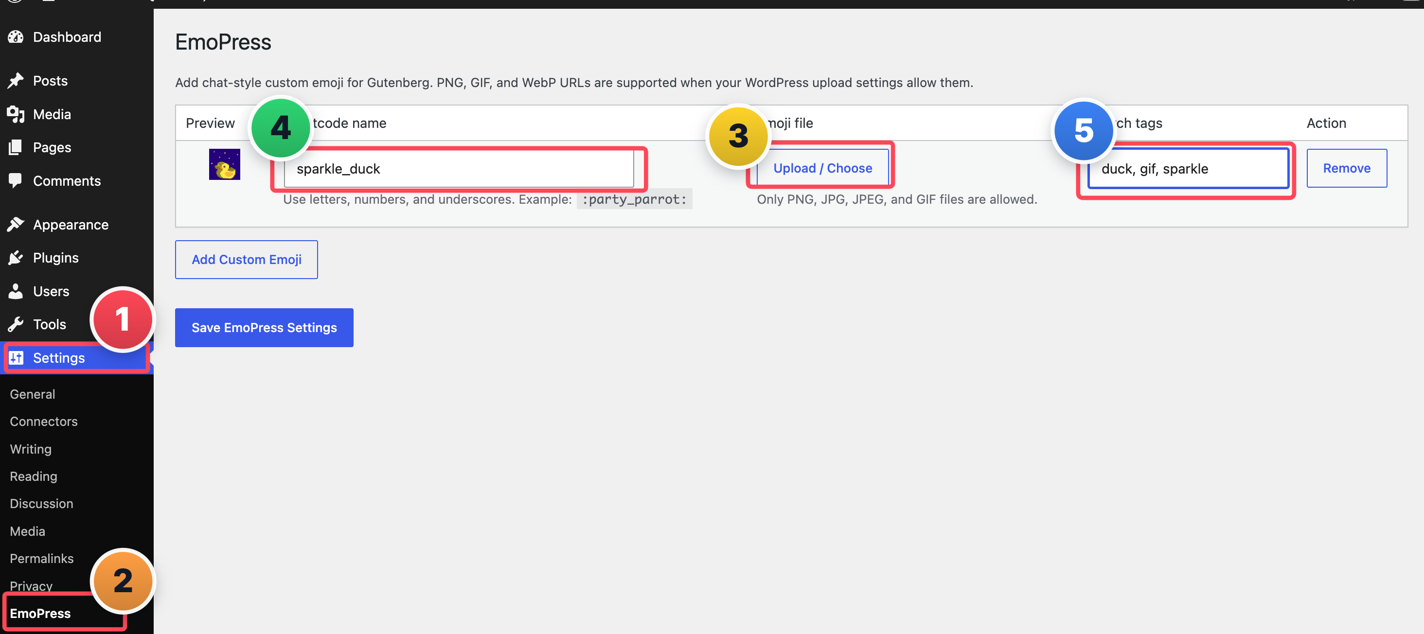 Custom emoji settings under Settings > SmileyHub Emoji Kit.