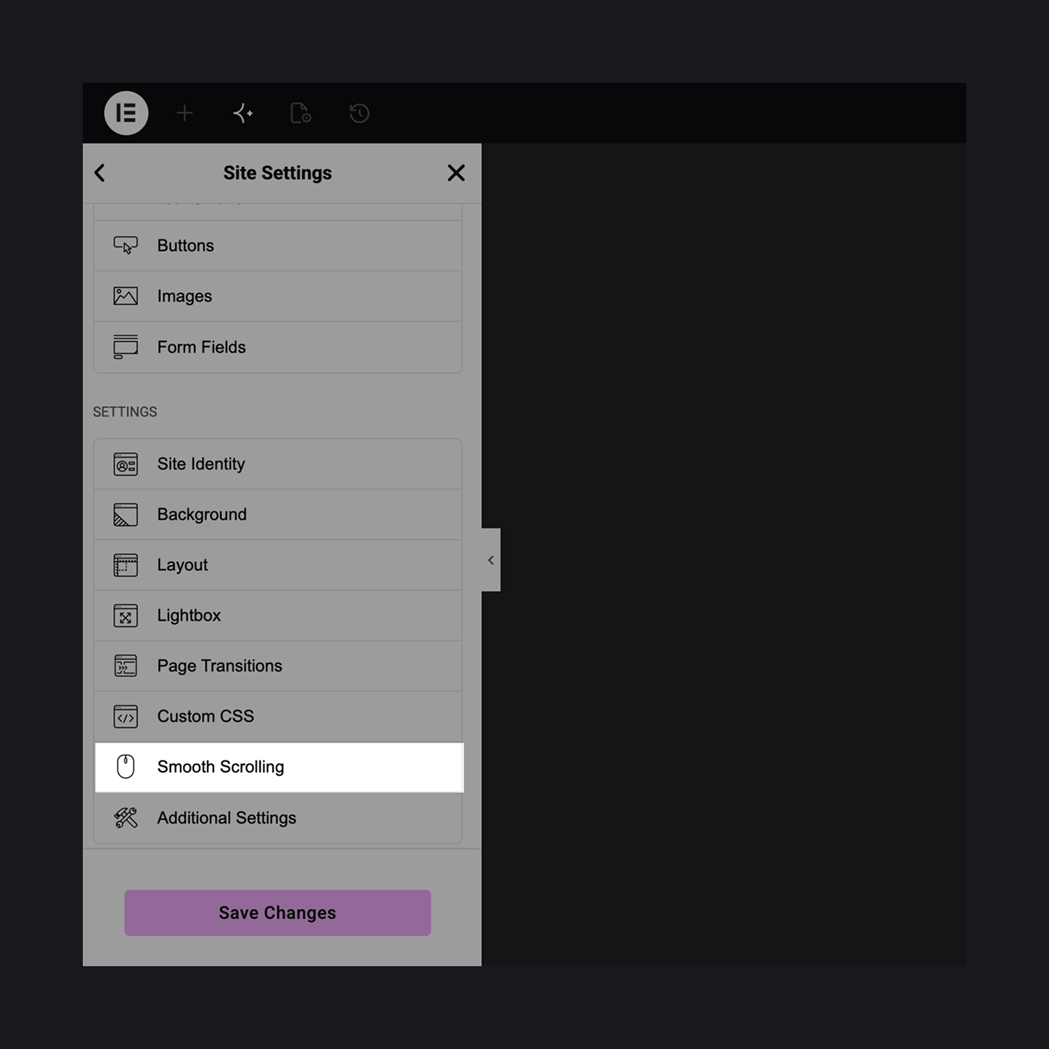 The Smooth Scrolling tab, tucked under Elementor's Site Settings.