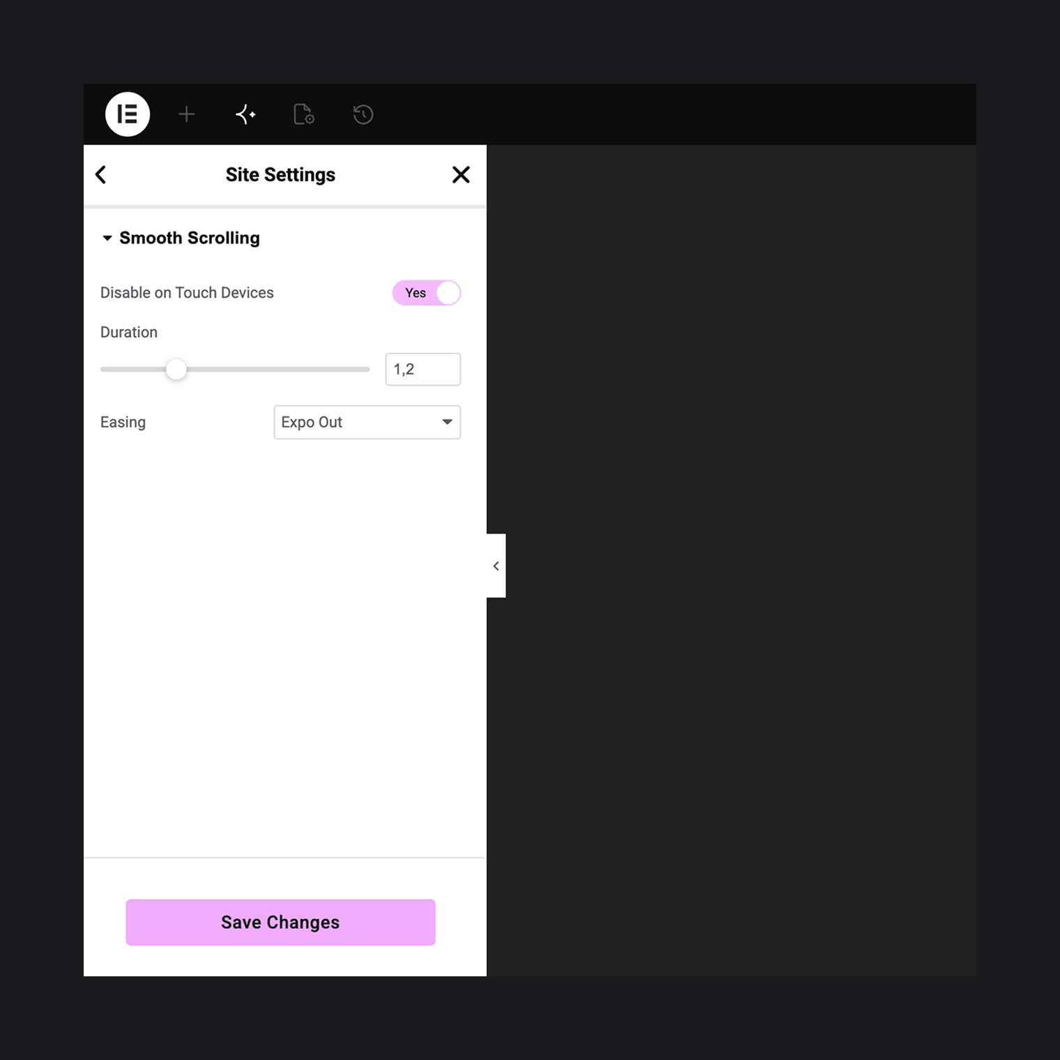 Duration, easing, and the disable-on-touch switch.
