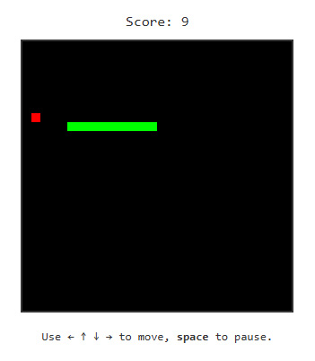 Snake game displayed with default settings.