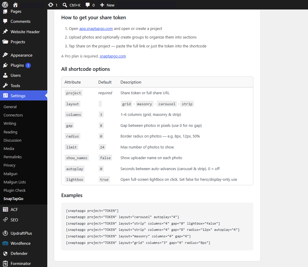 Shortcode reference table in the admin panel