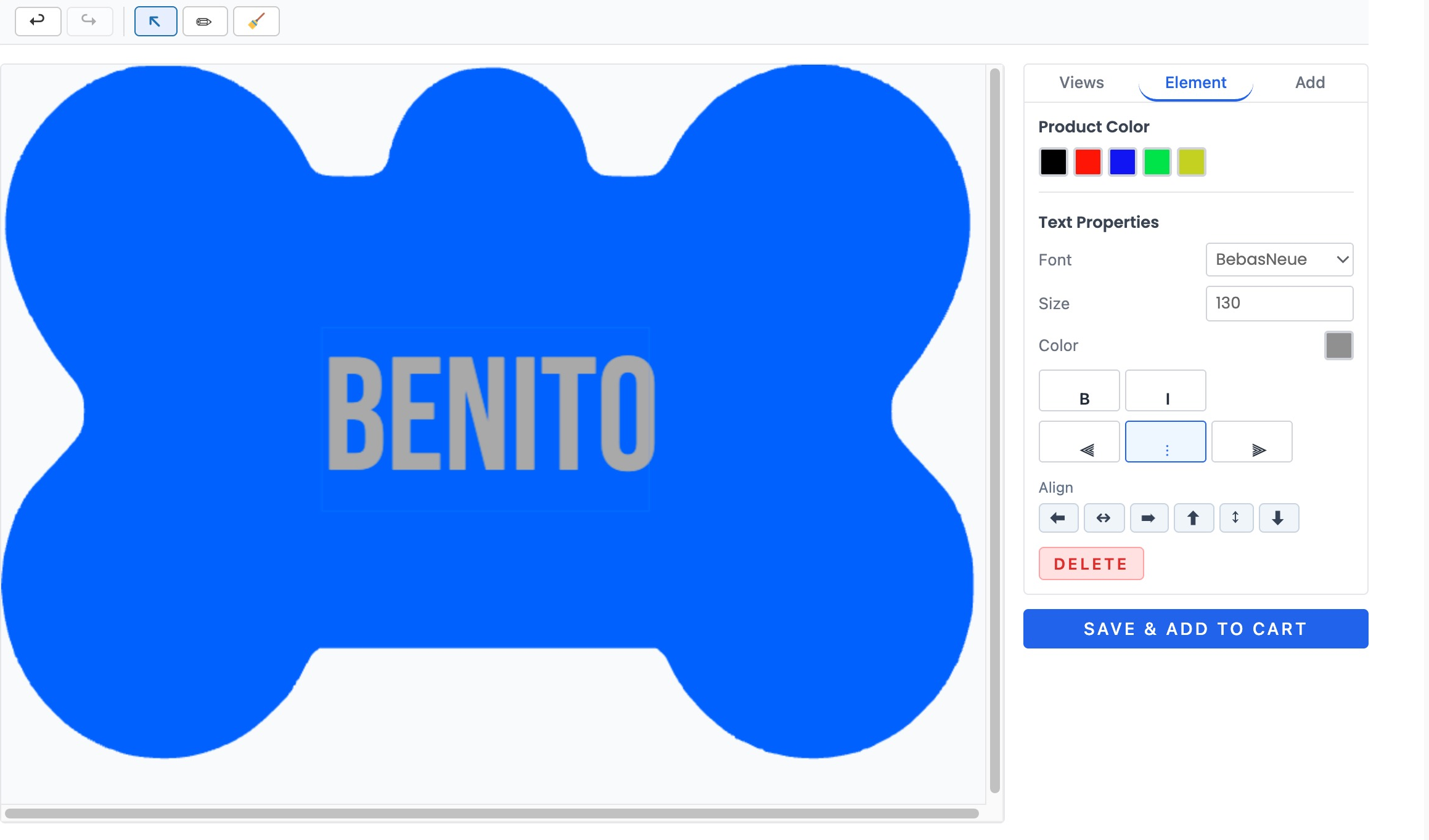 The customer-facing designer: a name engraved on a bone-shaped dog tag, with product colour swatches, font, size, colour and alignment controls, undo/redo, and a Save &amp; add to cart button.