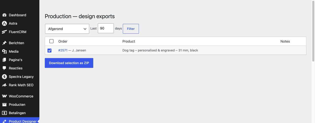 Production dashboard: every order with a design, filtered by status and period, ready to download as one ZIP.
