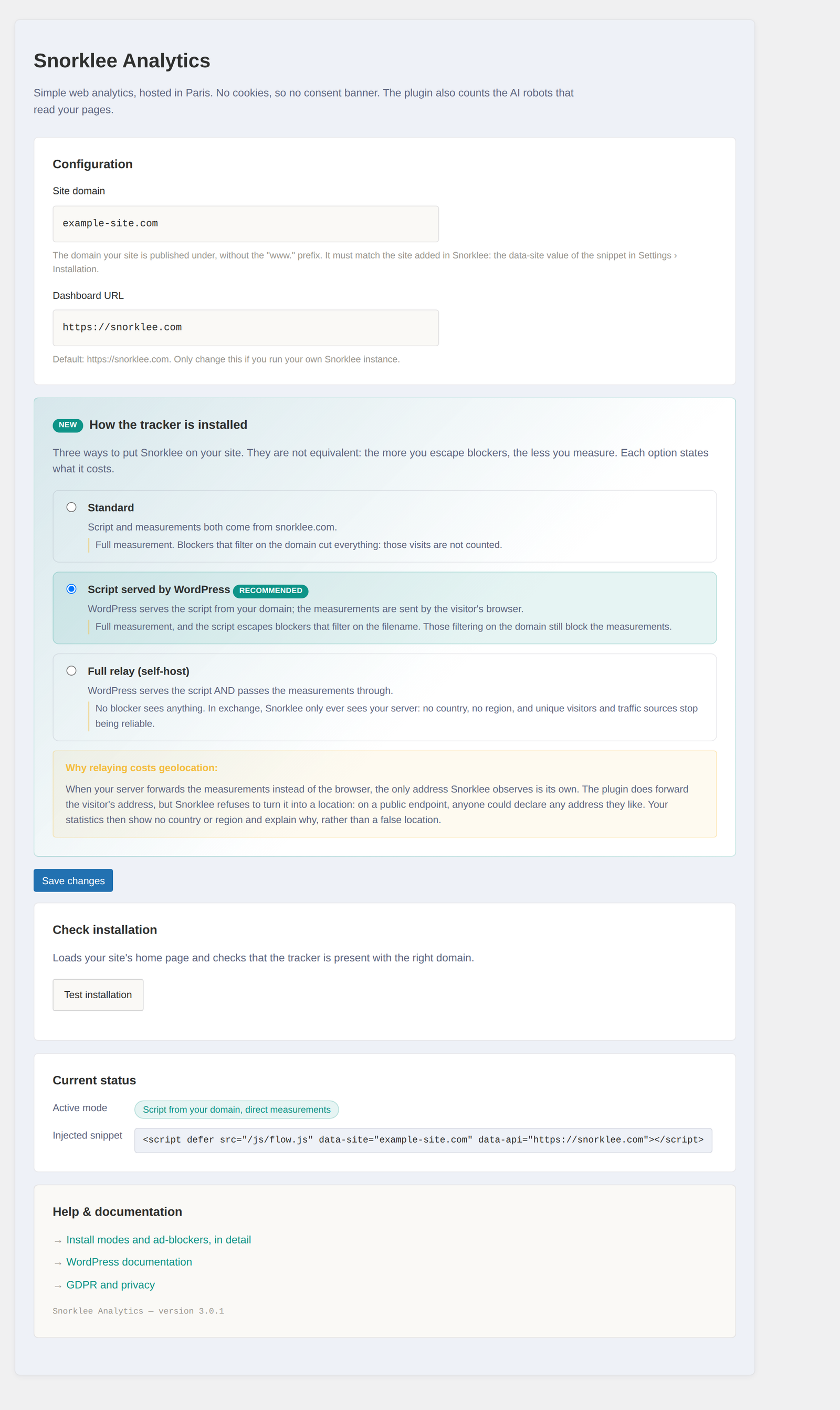 The plugin settings: three ways to install the tracker, each stating what it costs.