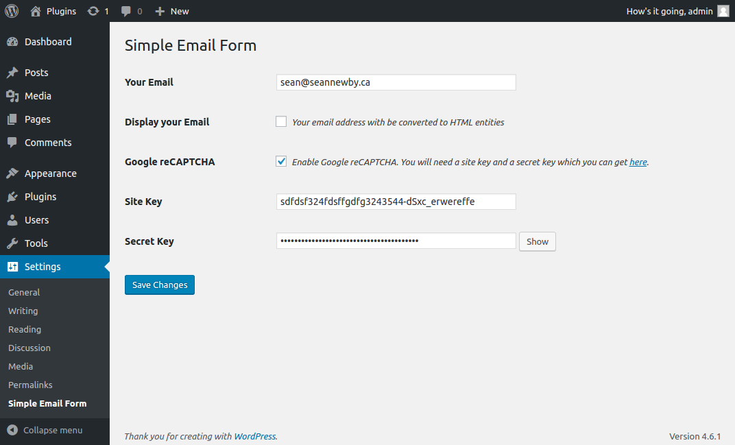 Simple Email Form options page.