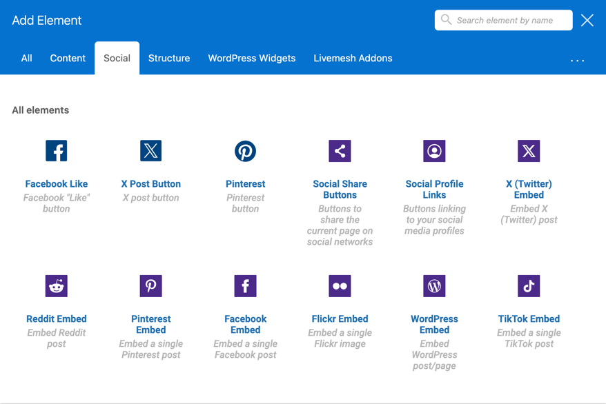 Social Elements in Social tab in Add Elements panel