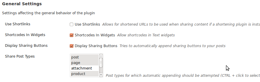 A view of some of the settings that can be customized in Social Media the back-end.