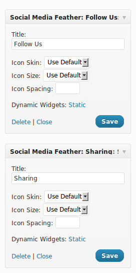 This shows the available social sharing and following widgets and their settings.