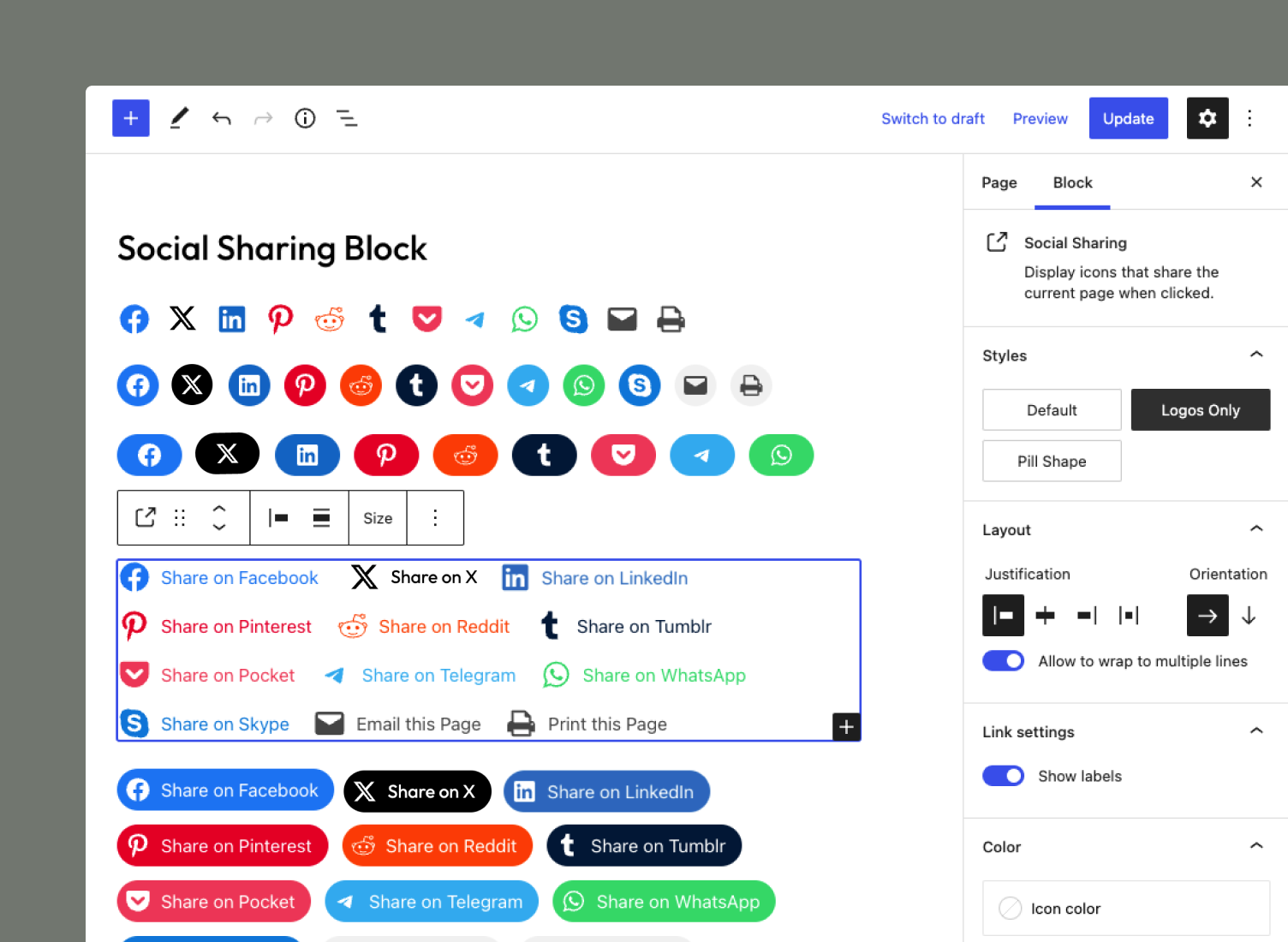 The Social Sharing Block includes three different styles and the ability to show/hide labels.