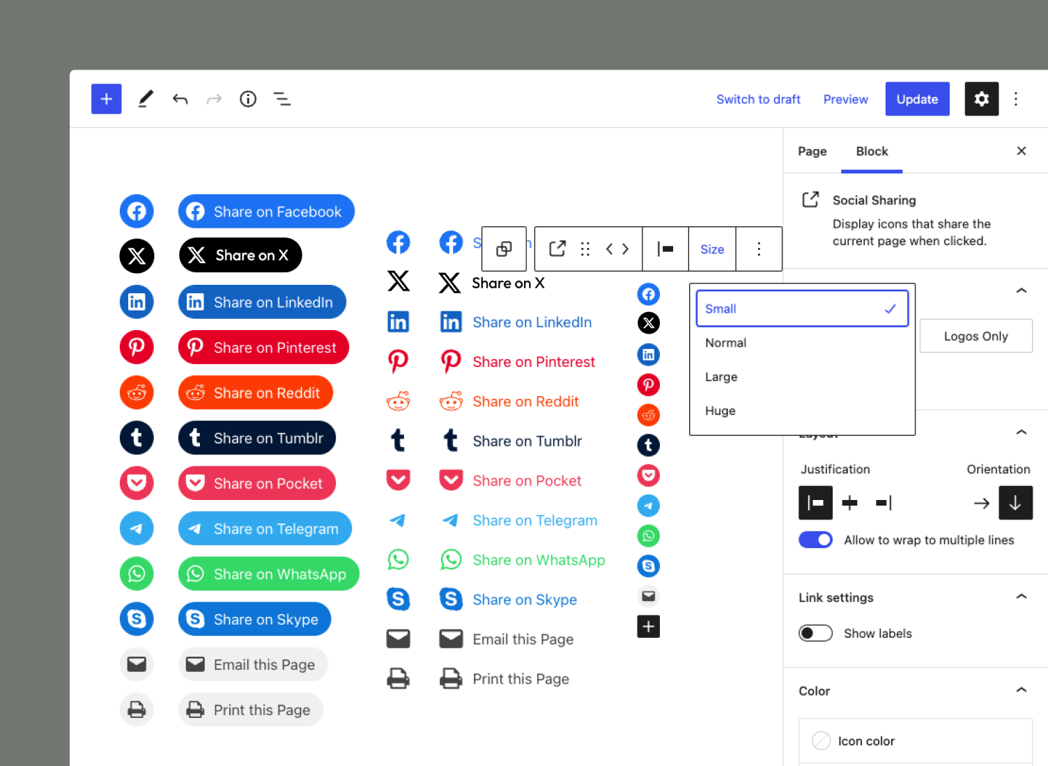 Easily configure social icons with extensive layout, orientation, and size controls to suit your needs.