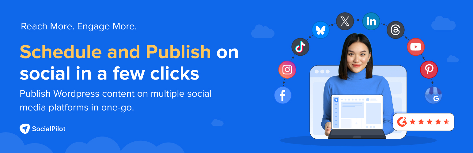 WordPress 外掛 SocialPilot – Social Media Auto Post, Management & Scheduling 的封面圖片。