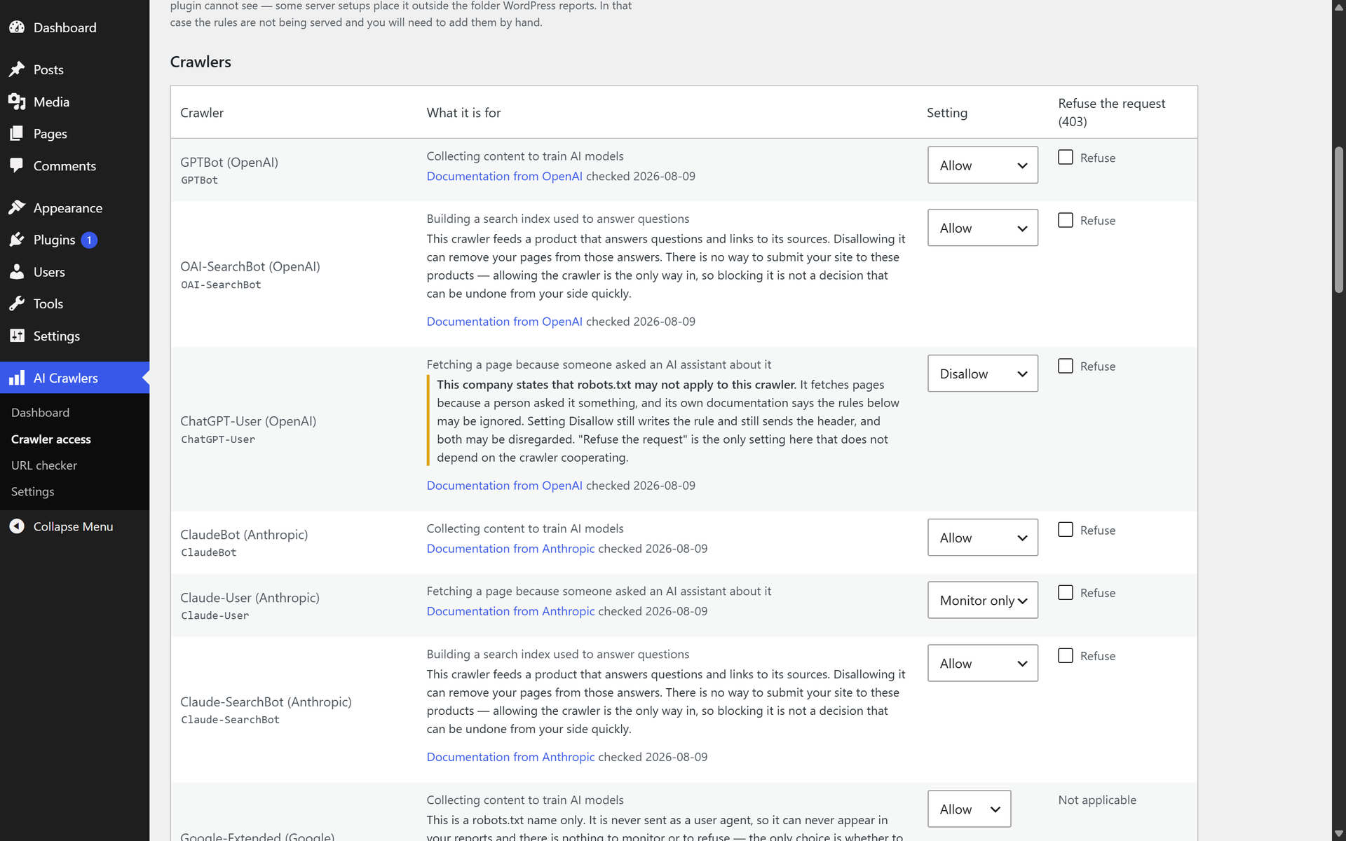 Crawler access. One setting per crawler, each with the operator's own documentation linked and the date it was checked. ChatGPT-User carries a warning because OpenAI documents that robots.txt may not apply to it.