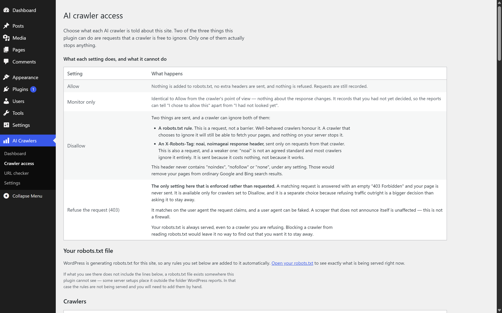What each setting actually does, and what it cannot do. Only "Refuse the request" is enforced; the other two are requests a crawler is free to ignore.