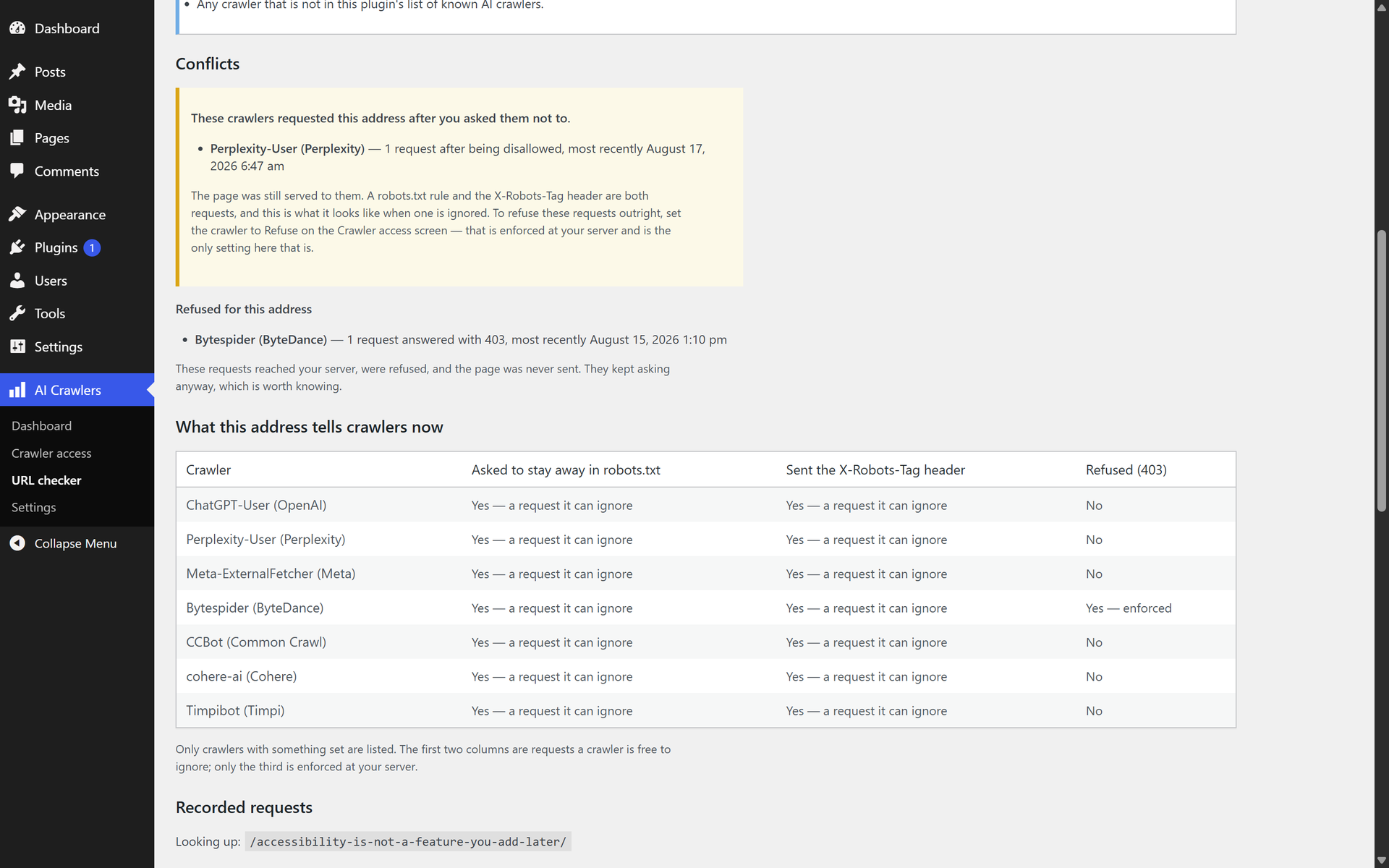 The URL checker. Exact per-address figures counted from individual records, the crawlers that requested the address after being asked not to, and what that address currently tells each crawler.