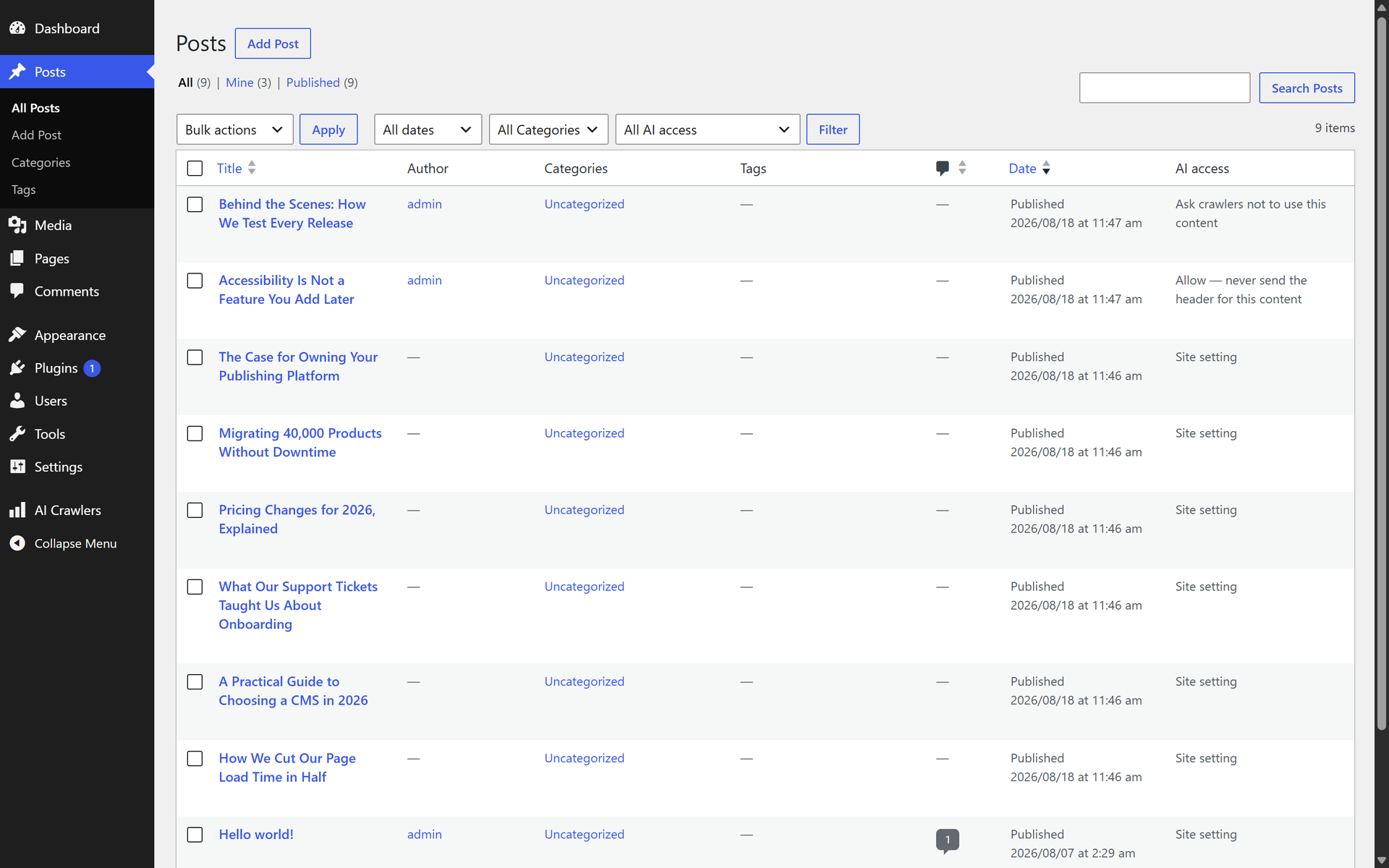 The posts list gains an "AI access" column and a filter, so you can see which content has its own setting.