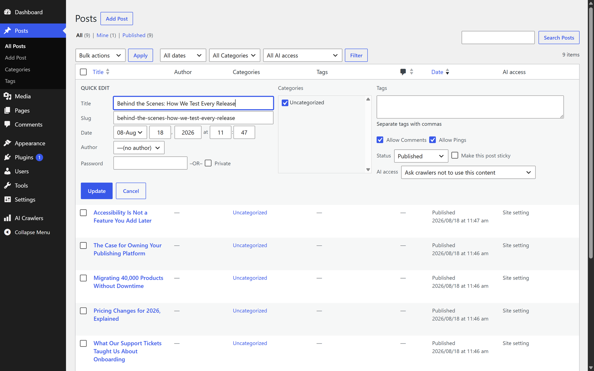 Per-content control from quick edit. A per-post setting sends the advisory header only — it adds nothing to robots.txt and cannot refuse a request.