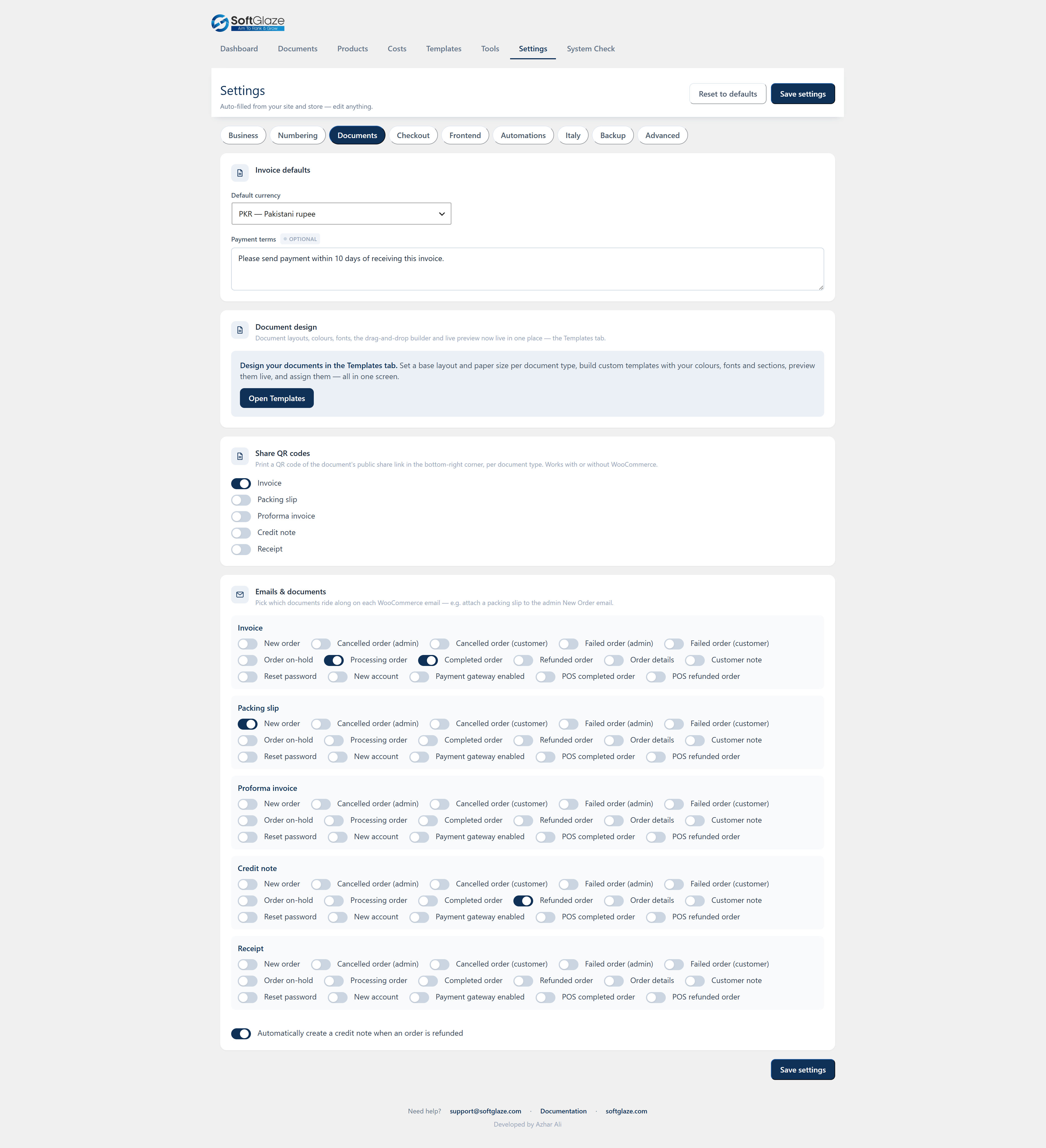 Settings — the document × WooCommerce-email matrix that attaches the right document to the right transactional email. Every new feature is off by default and update-safe.