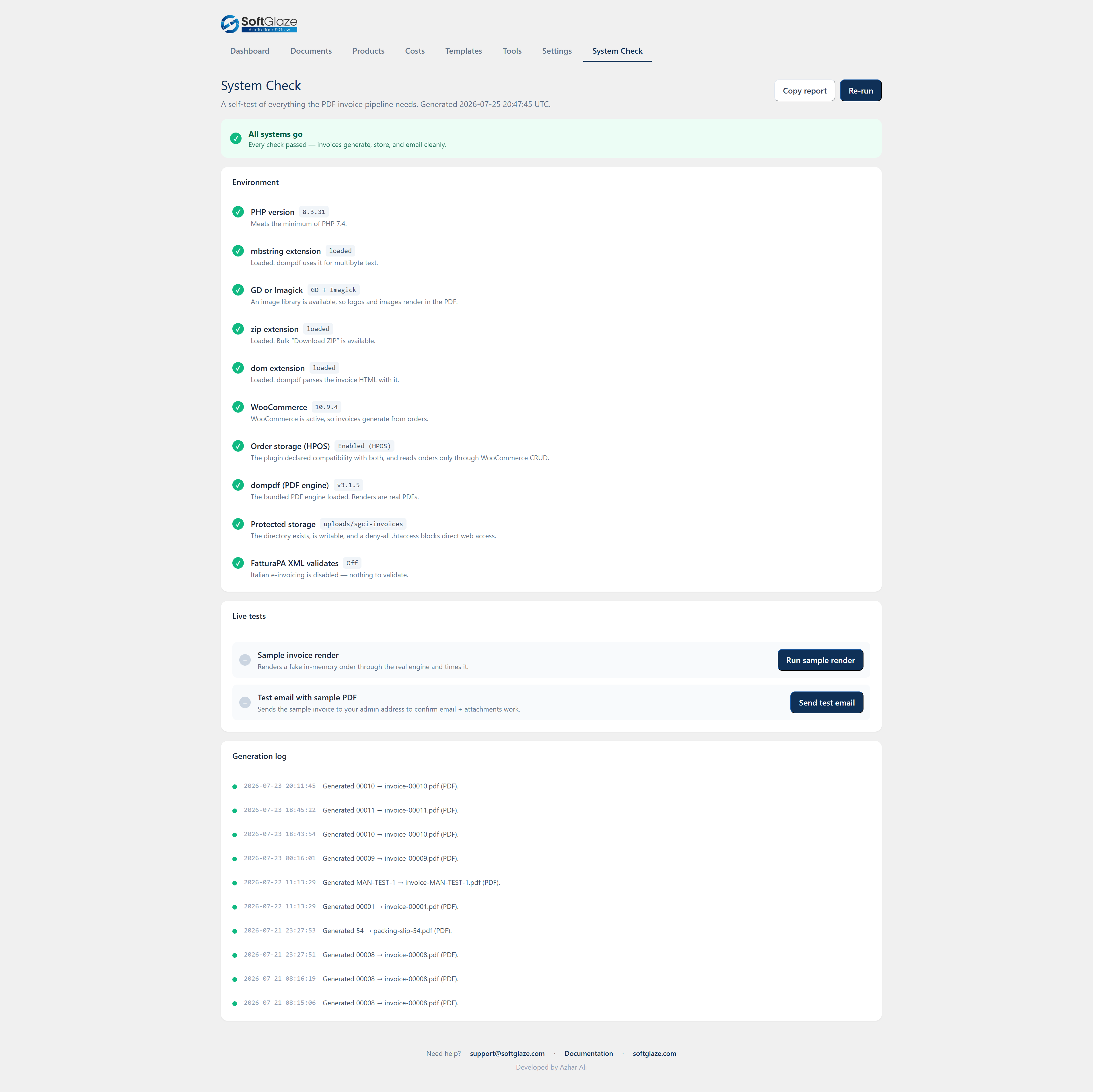 The built-in System Check renders a live sample PDF and verifies your environment (PHP, extensions, storage, engine) so you can see it works before you rely on it.