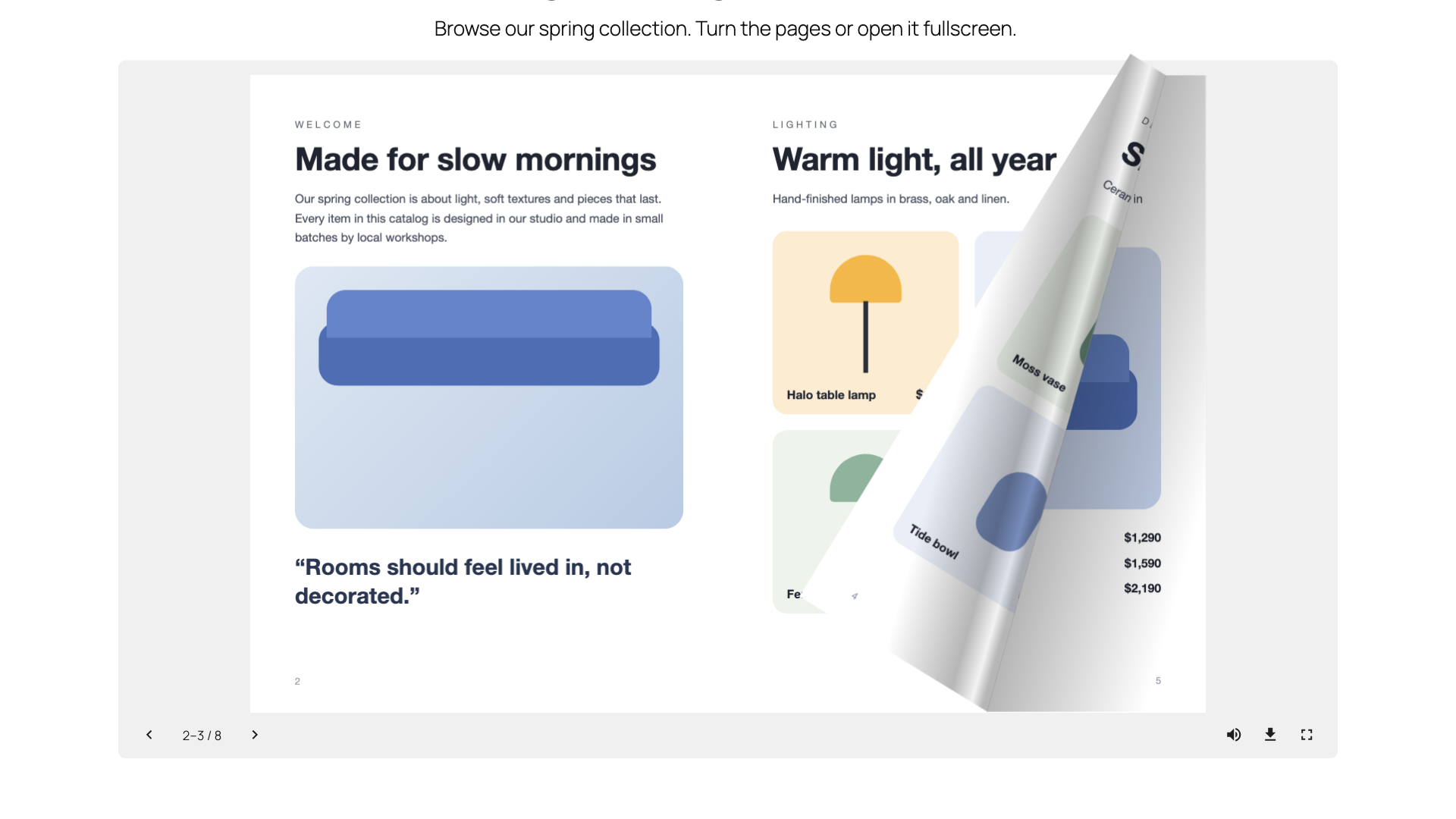A realistic page turn – drag a corner or use the toolbar.