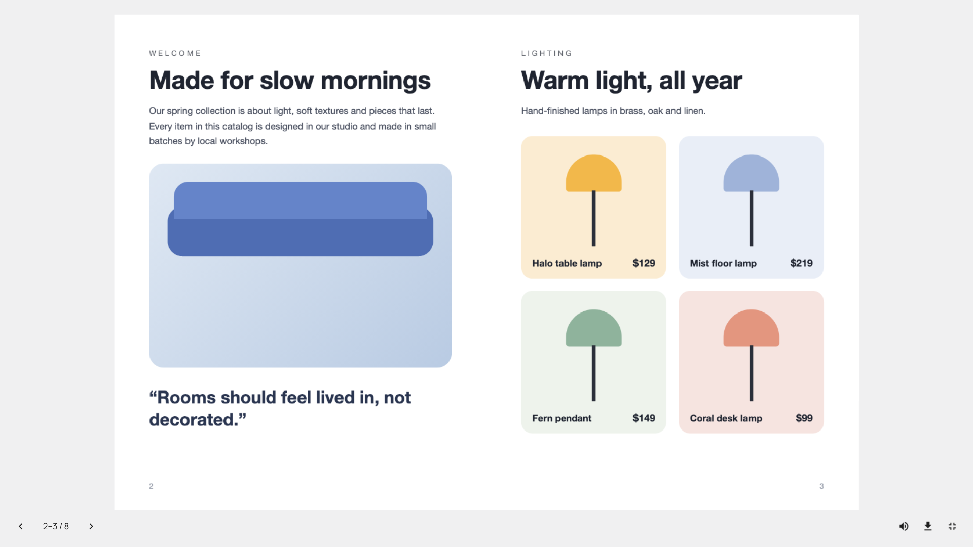 Two-page spreads on desktop, with download, sound and fullscreen in the toolbar.