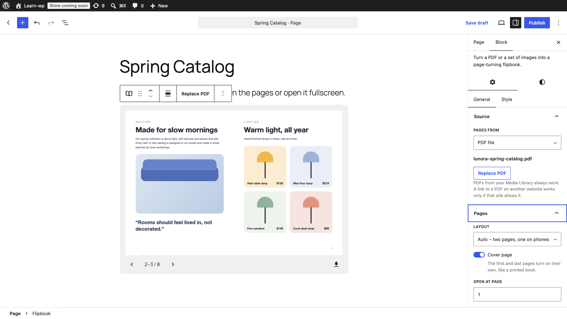 Live flipbook preview in the block editor, with the layout settings.