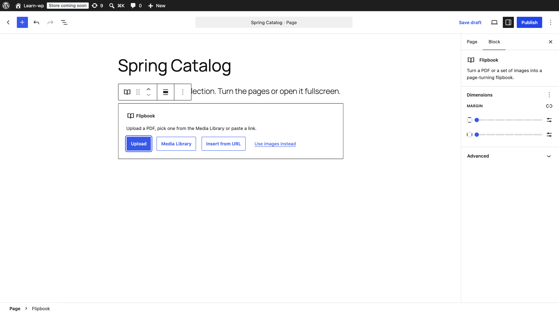 Add a PDF straight from the block: upload, Media Library or a link.