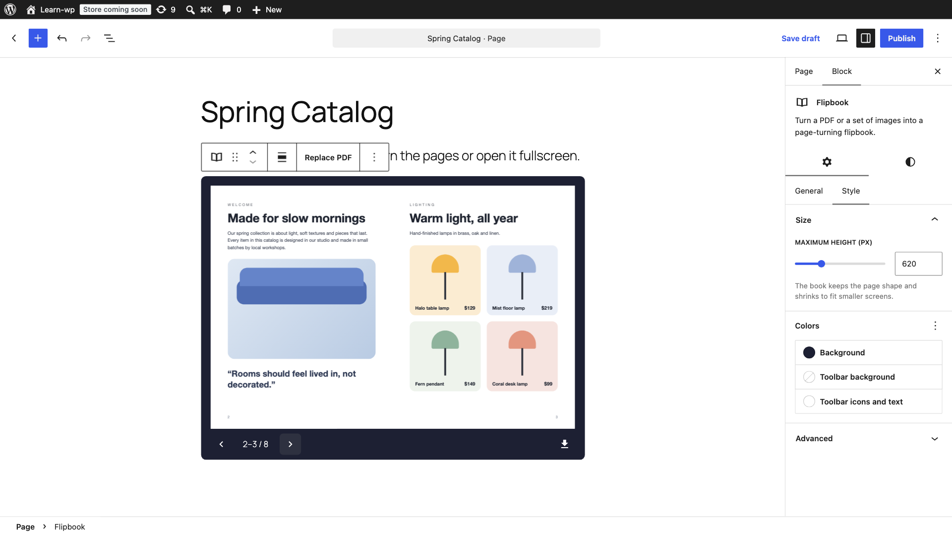 Set the maximum height and the colors of the background and toolbar.