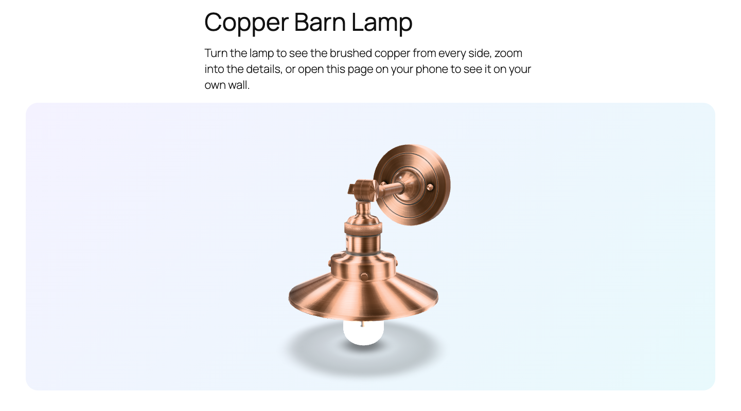A copper lamp in the 3D Model Viewer block on the front end, with a gradient background and rounded corners. Visitors drag to rotate it and scroll to zoom.