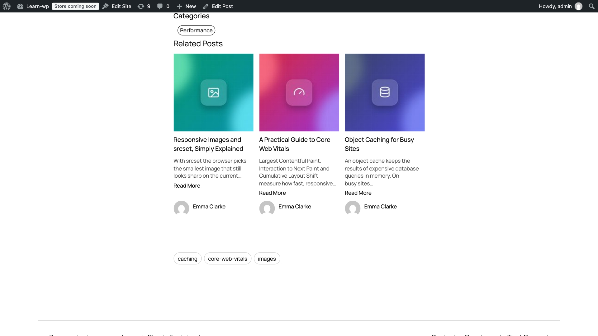 Related posts in a responsive grid below an article, with featured images, excerpts and author.
