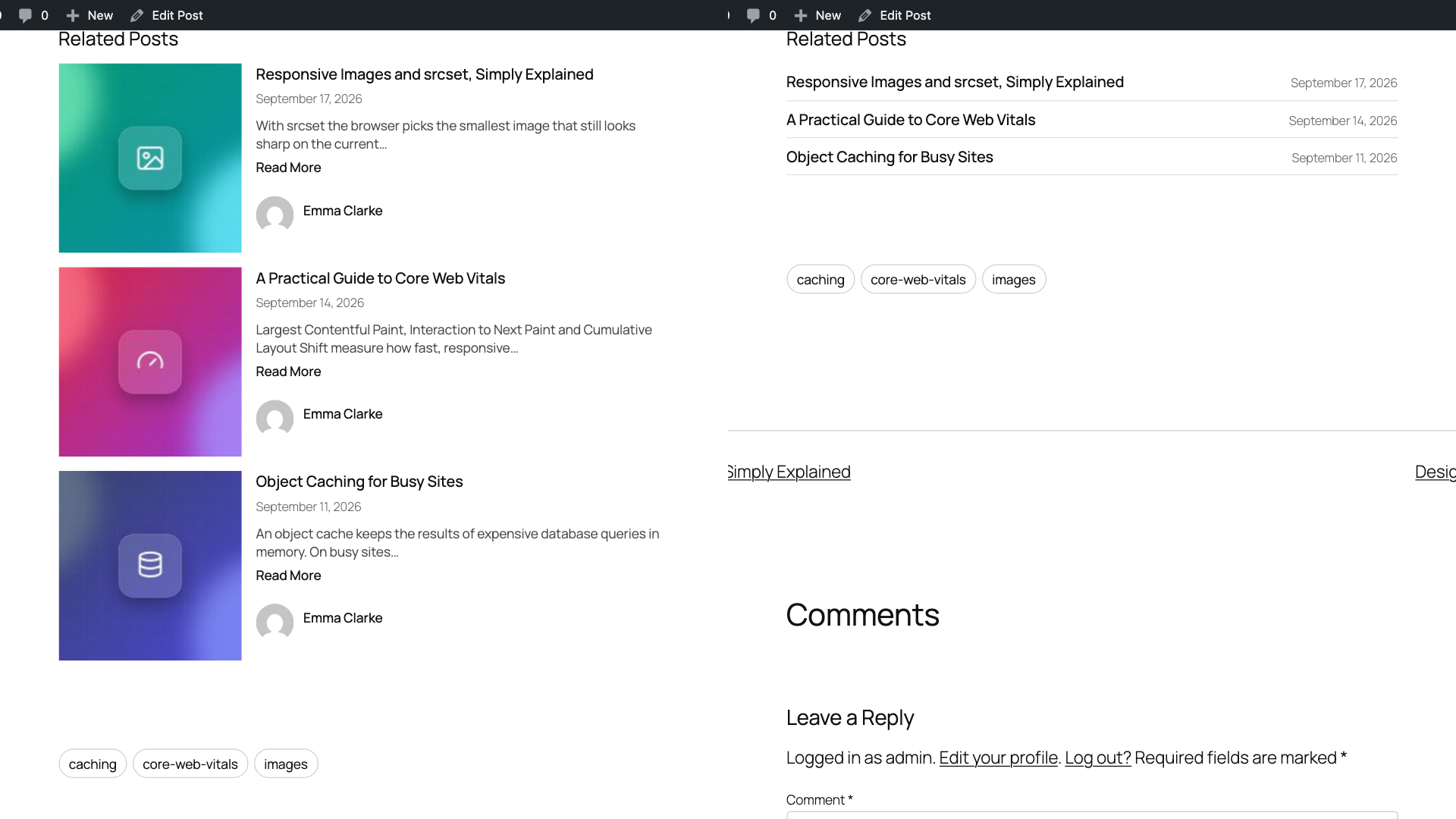 List layout (image on the left) and minimal layout (titles and dates only).