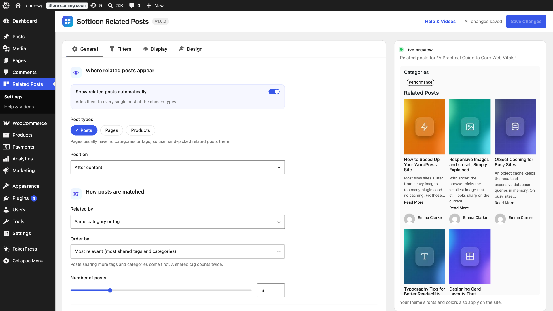 Settings, General tab: post types, position, matching, order and number of posts, with a live preview.