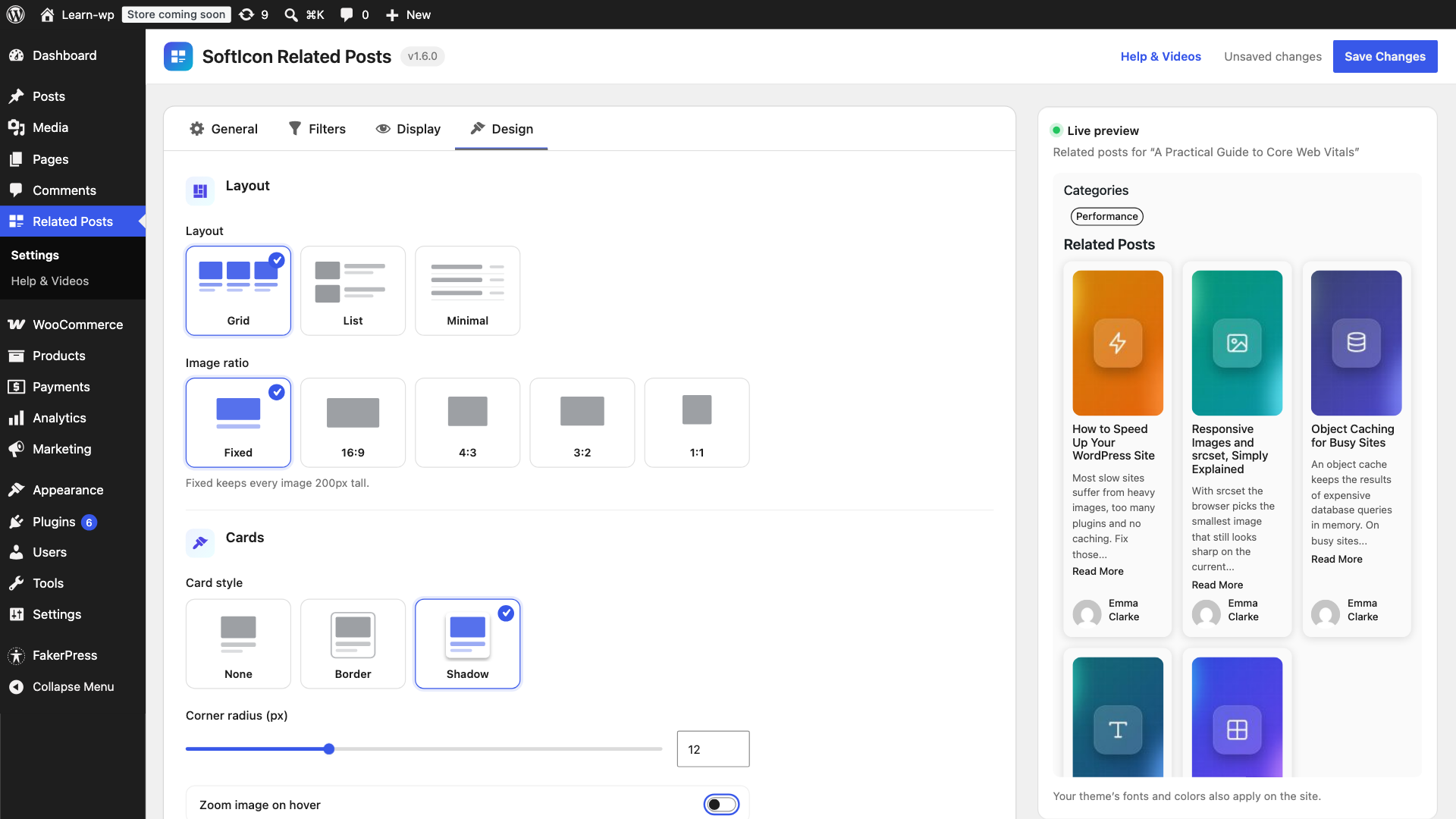 Settings, Design tab: layout, image ratio, card style, corner radius, hover zoom and colors, with a live preview.