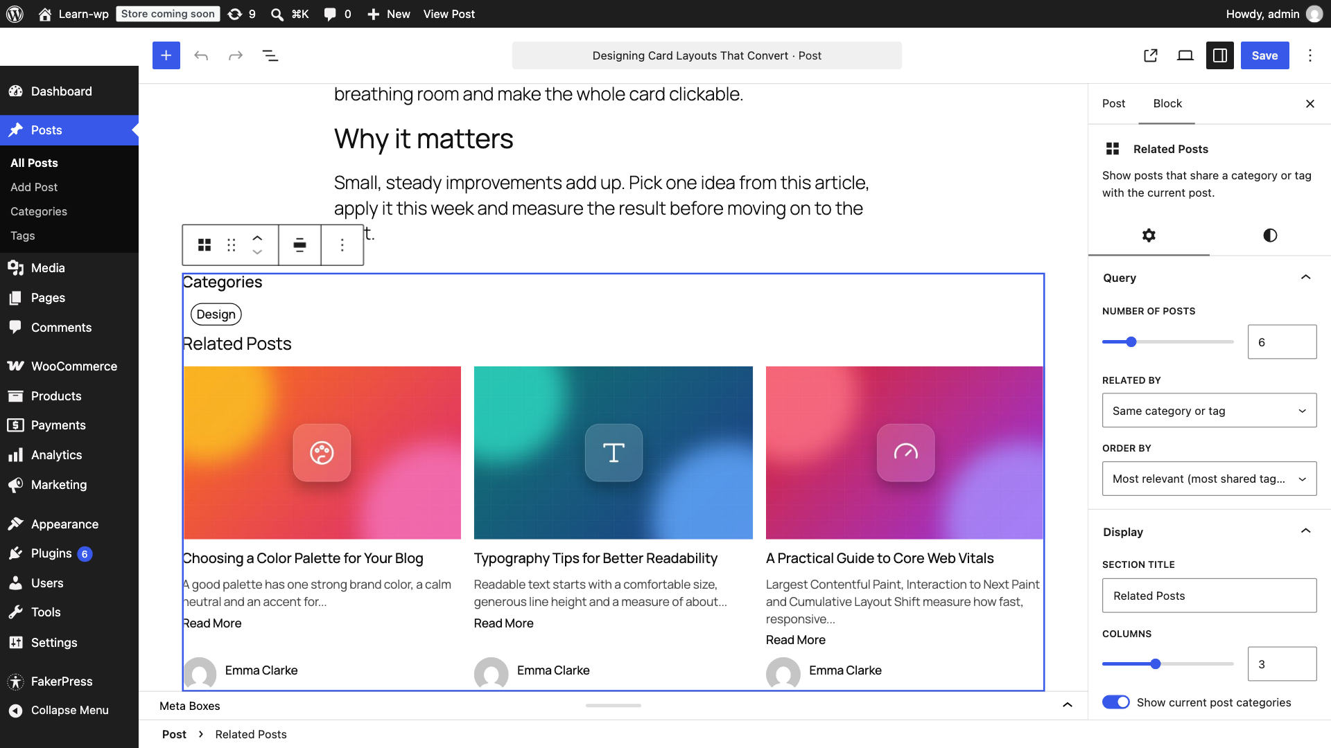 The Related Posts block in the block editor with live preview and sidebar options.