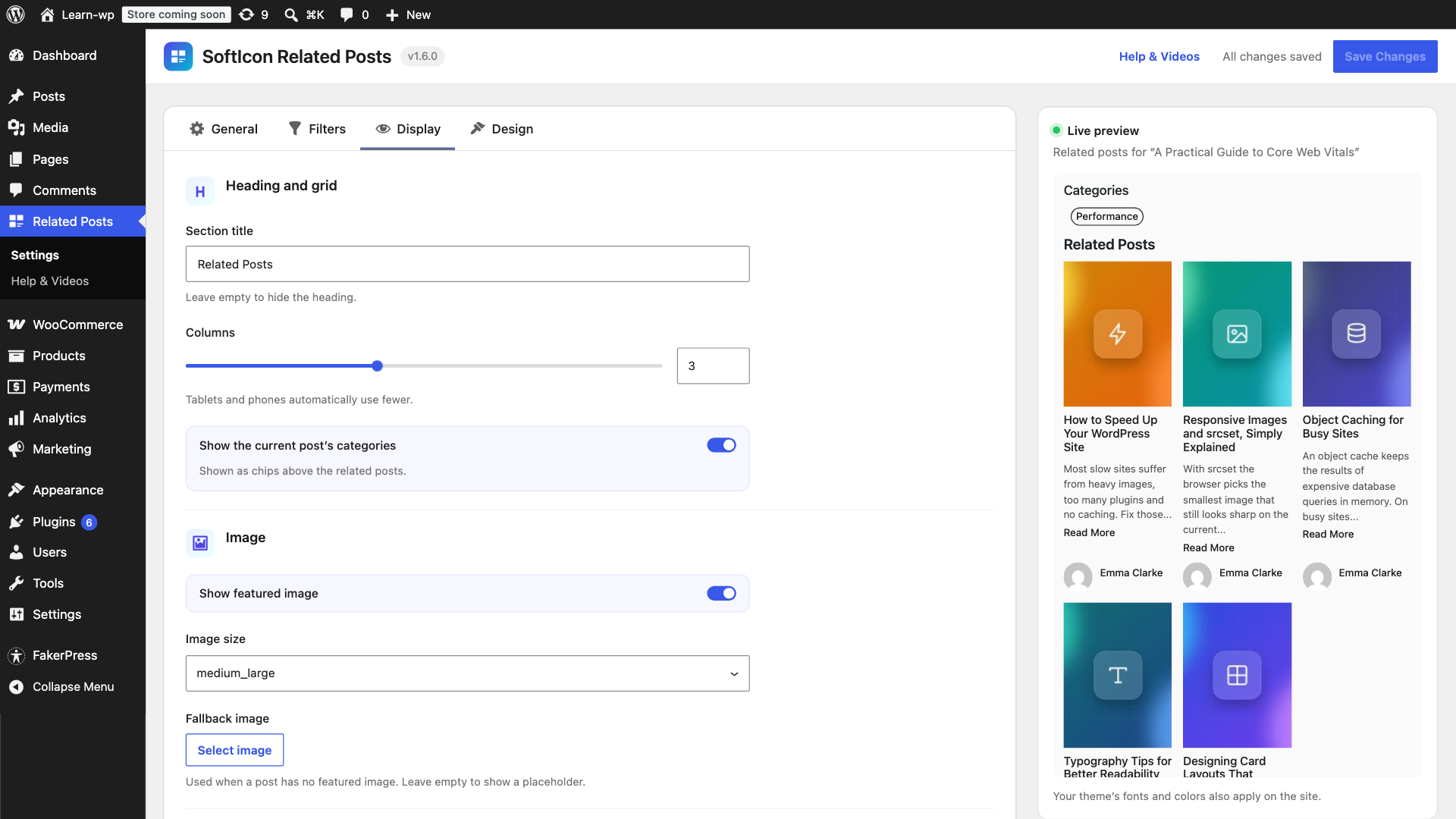 Settings, Display tab: section title, columns, featured image, fallback image, excerpt, date, author and read more.