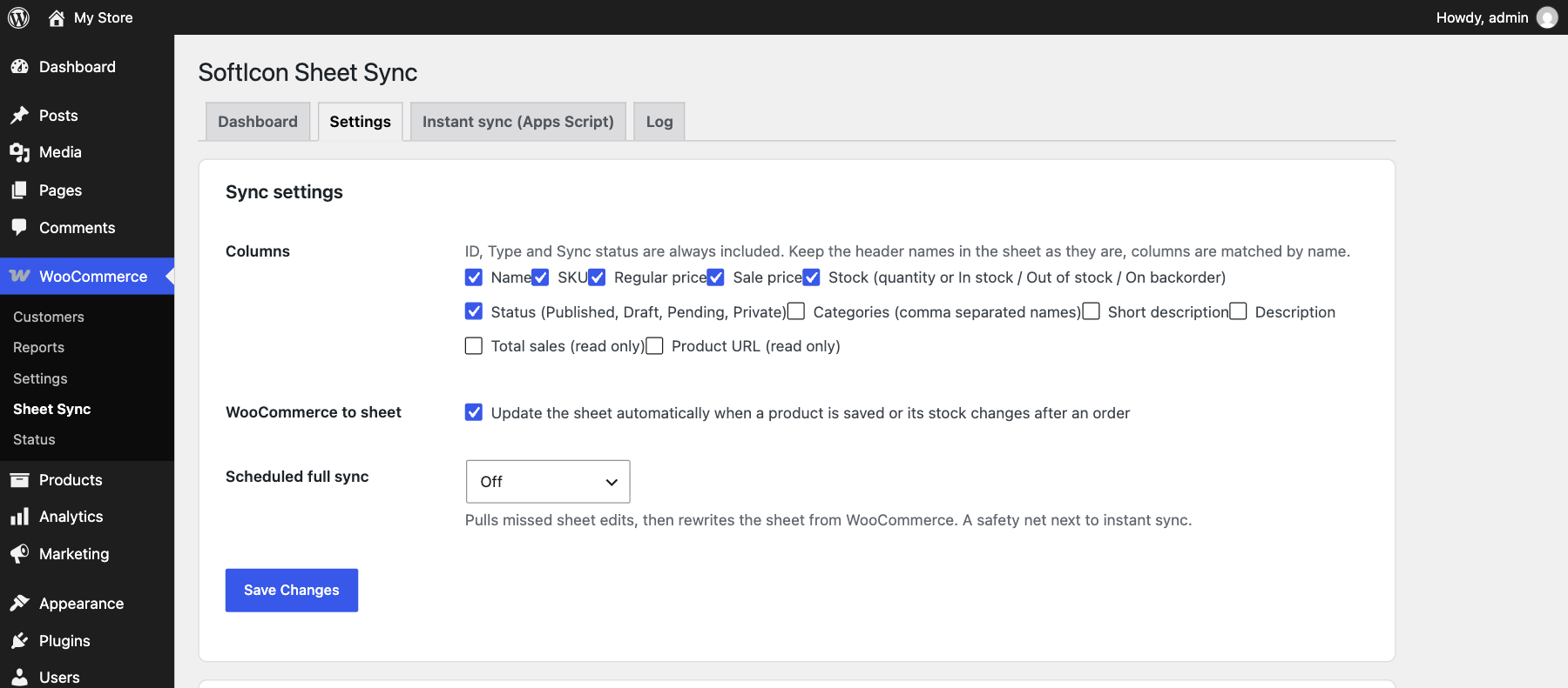 Settings: choose columns and the scheduled sync.