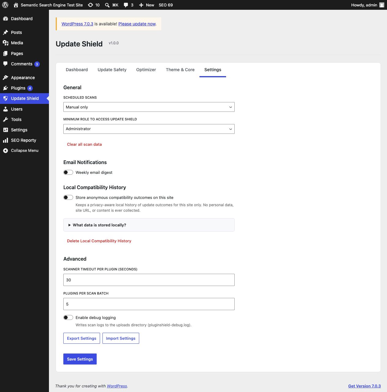 Settings page with scan scheduling and notification options