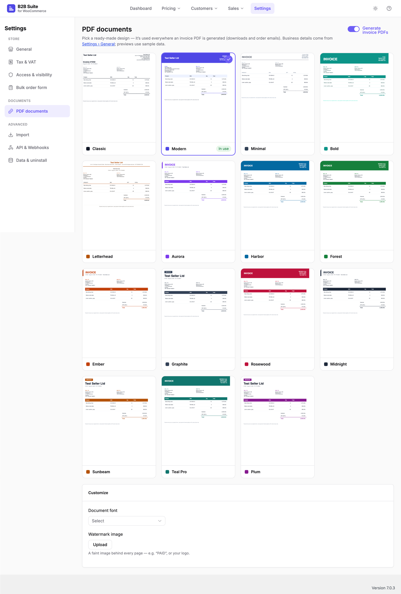 PDF invoices — choose from ready-made invoice designs and attach them to order emails.