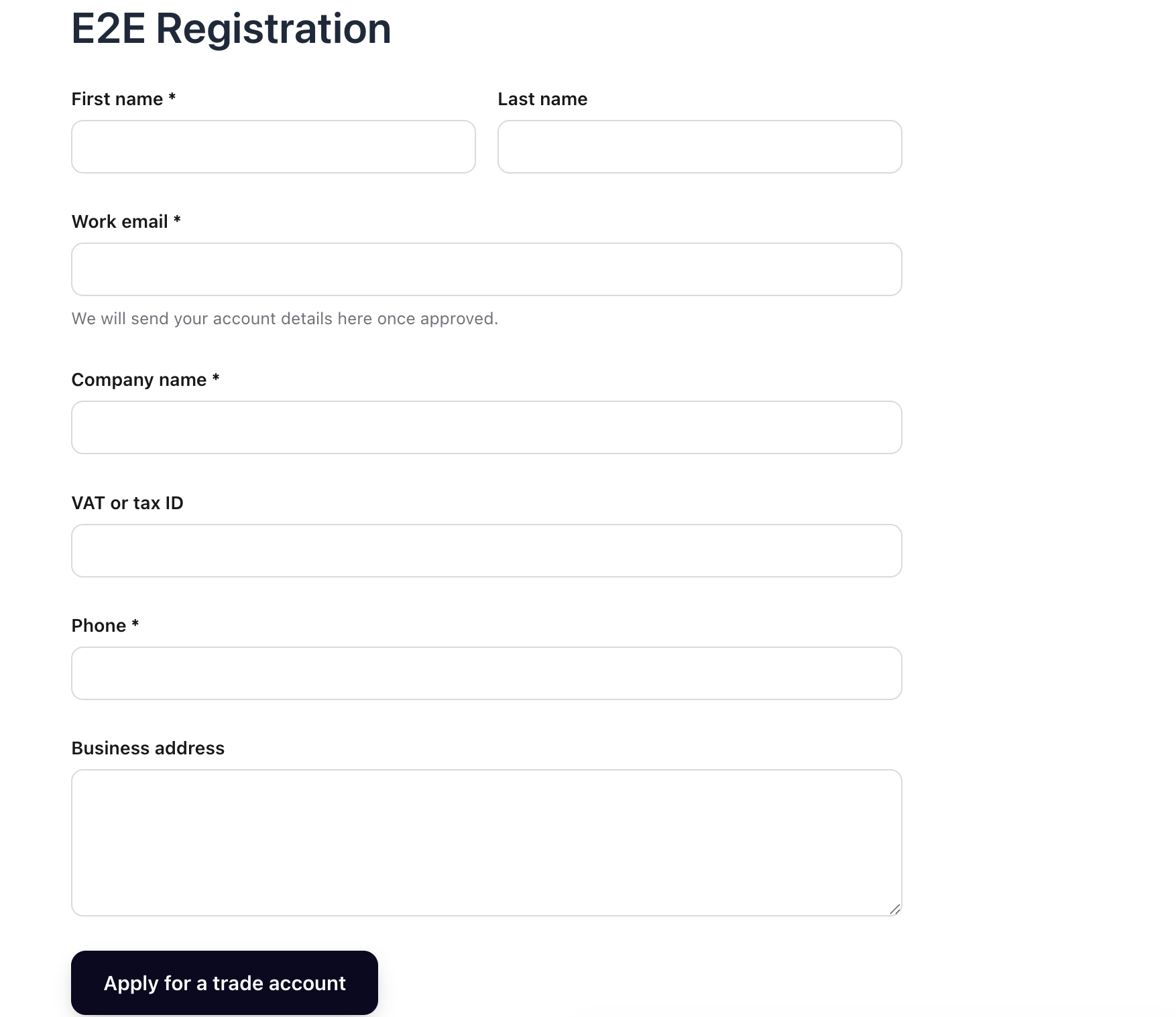 Trade registration form — a signup form with your own business fields: company, VAT/tax ID, phone and address.