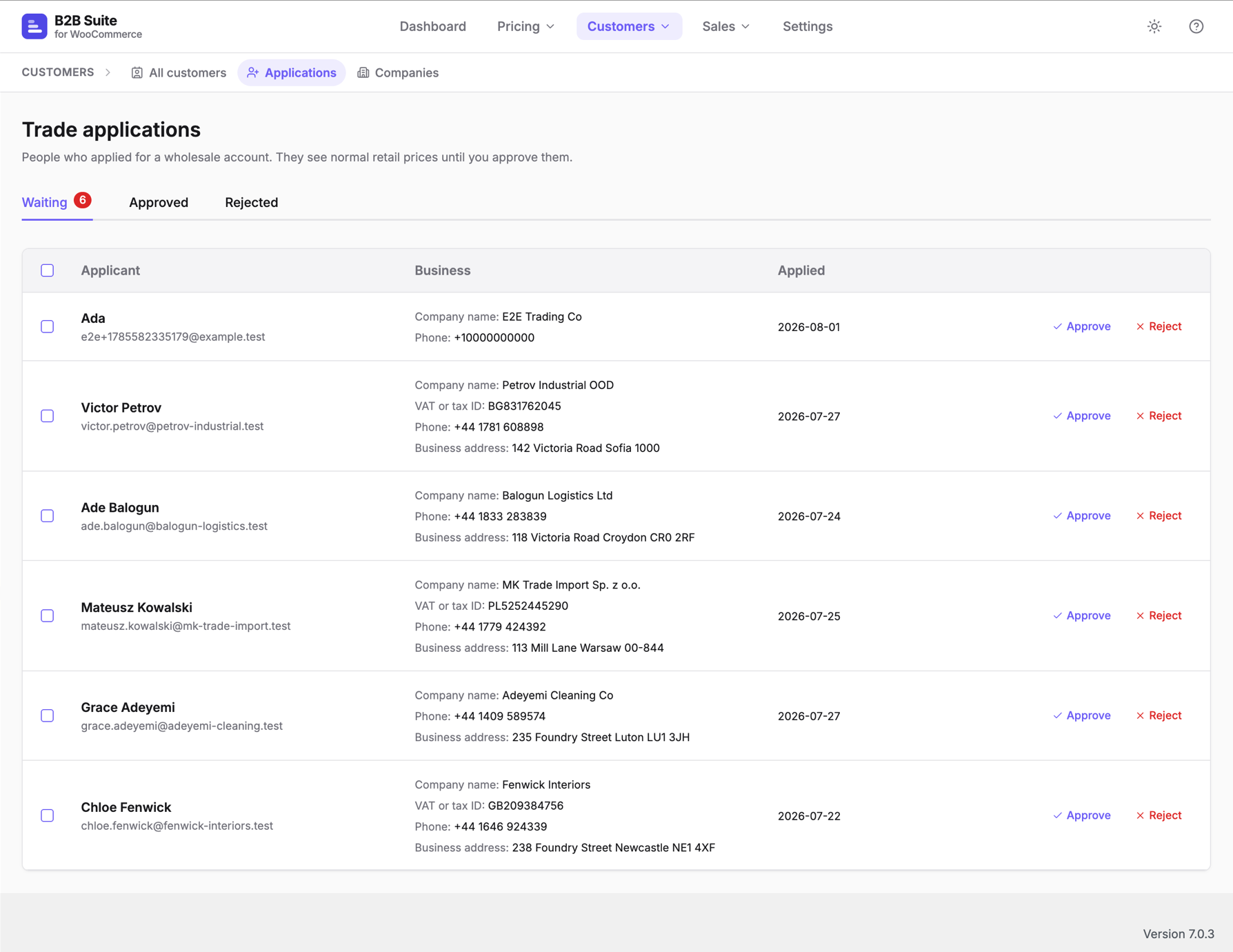 Approval queue — new trade applications wait here until you approve or reject them; nobody gets B2B pricing until approved.