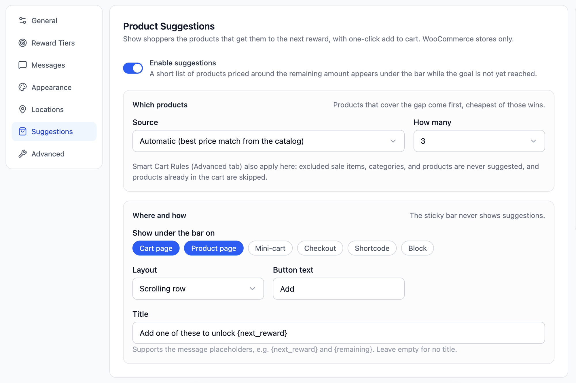 Product Suggestions — show shoppers the products that get them to the next reward, with one-click add to cart. Choose automatic price matching or hand-picked products, where the row appears, and the layout.