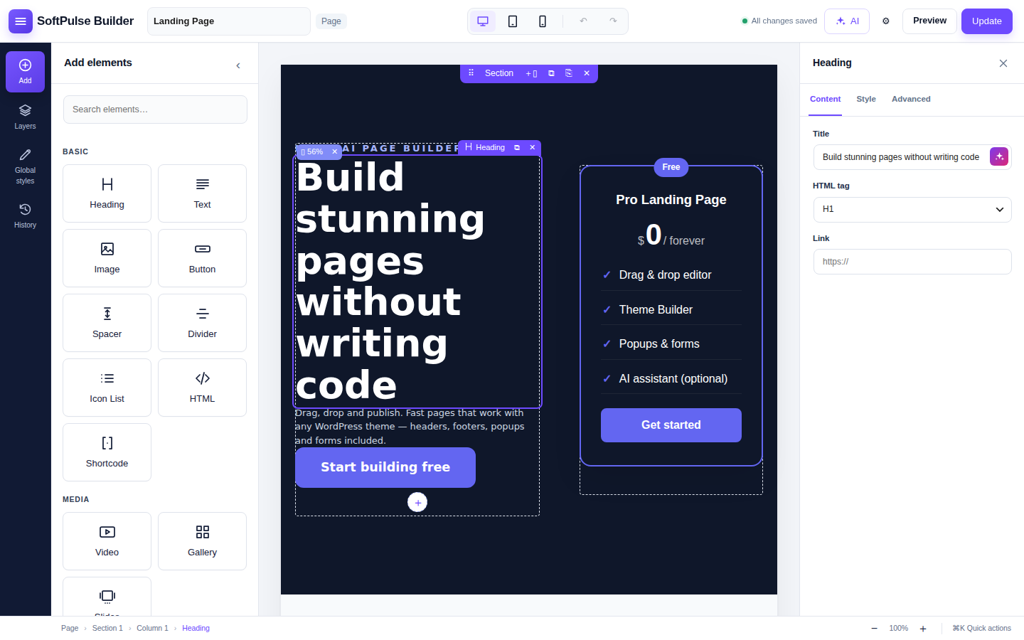The drag-and-drop editor with live preview.