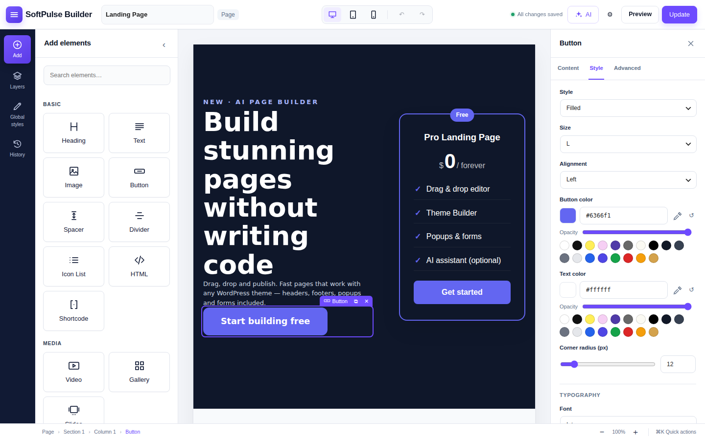 Widgets panel and style controls.